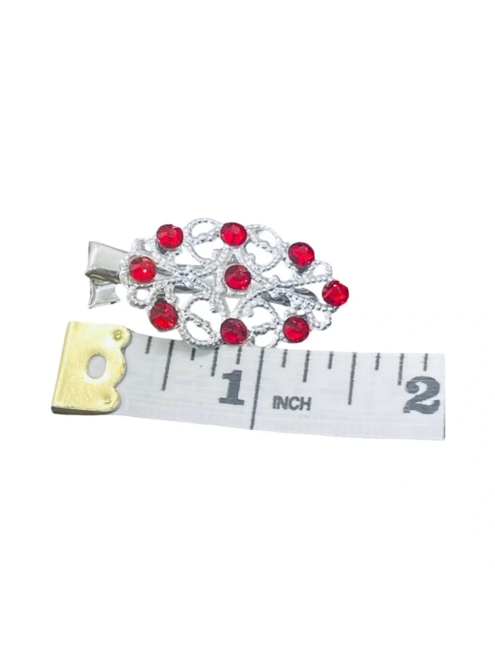Silver Filigree Hair Clip with Red Rhinestones 2,0 FINAL PRICE DROP